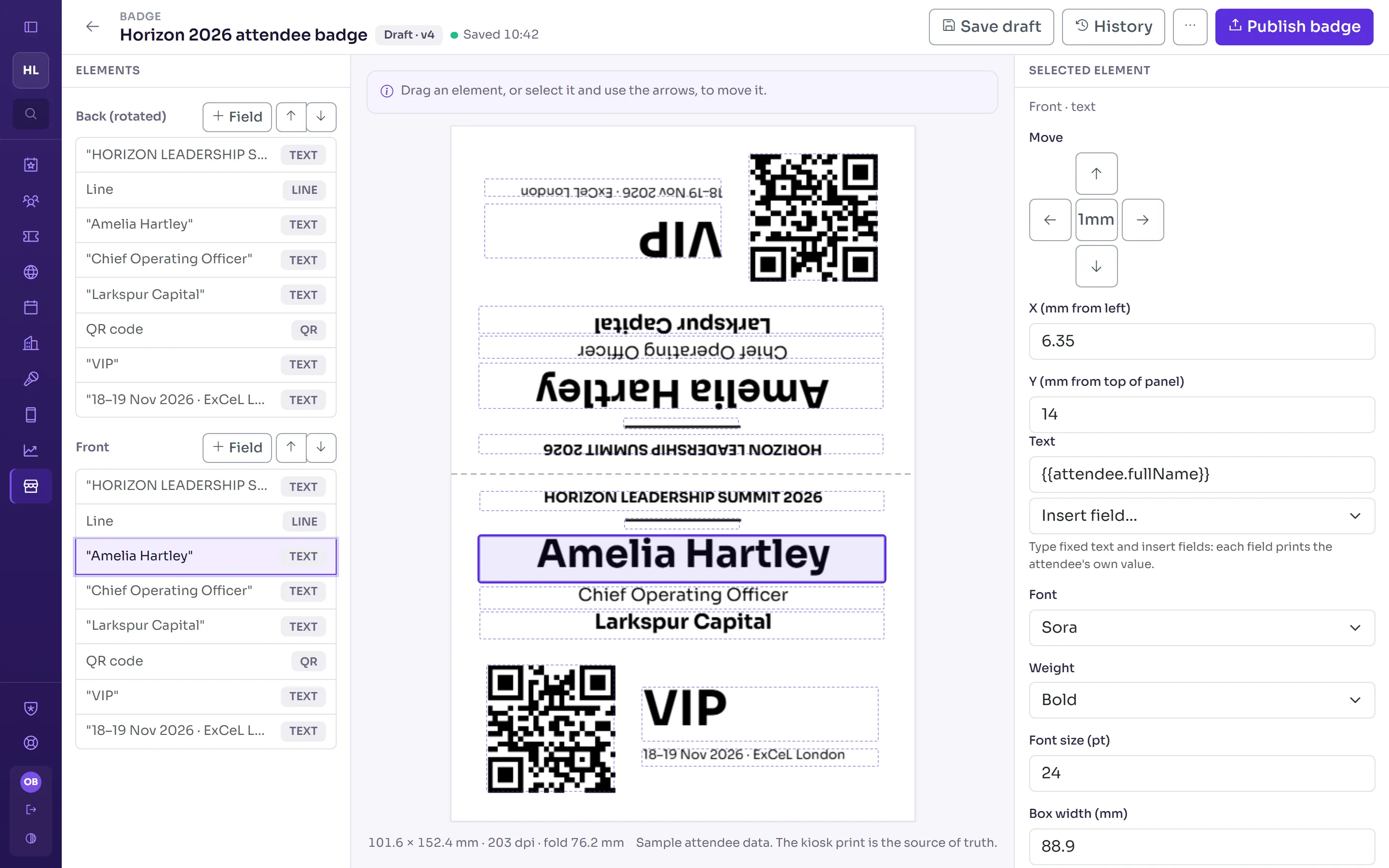 Delekit badge designer with a double-sided badge